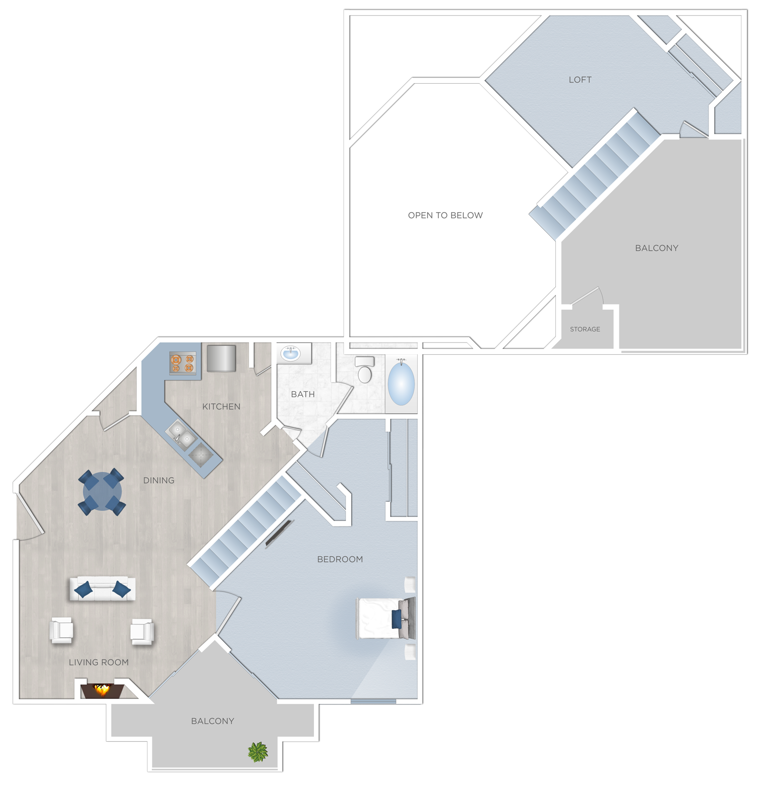 Floor plan for 1 bed, 1 bath, 891 sqft